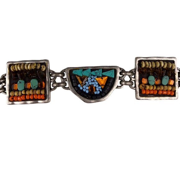 Chicos Womens Multicolor Beaded Mosaic Belt Silver-Tone Adjustable Chain